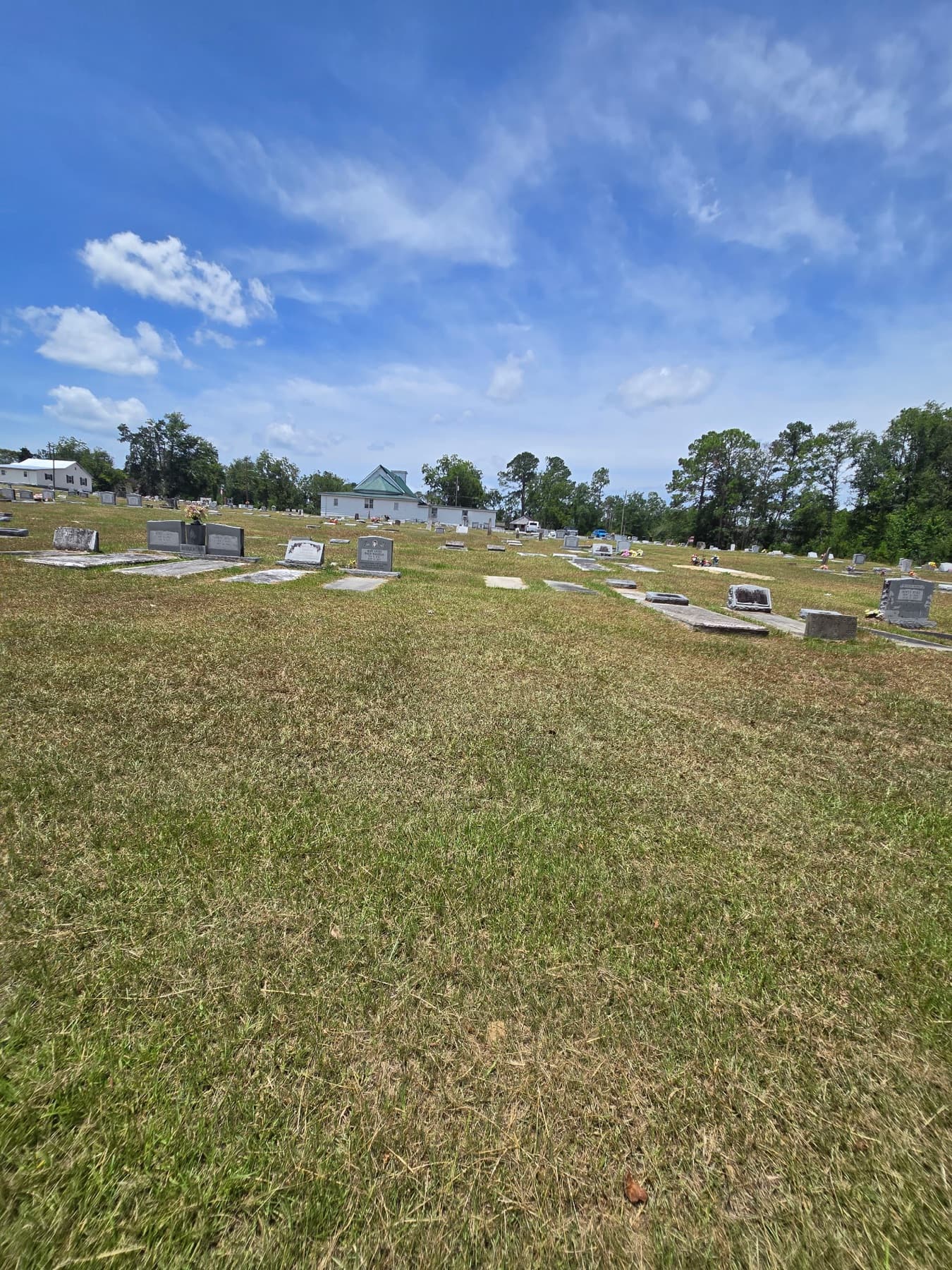 Looking across Live Oak Cemetery toward the church